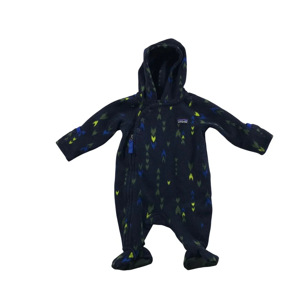 Patagonia Synchilla Fleece Bunting Newborn NB Navy Blue Geometric Arrow Hooded